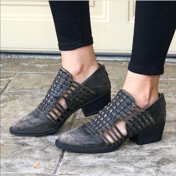 Charcoal Distressed Leather Braided Cut Out Bootie - Picture 1 of 8